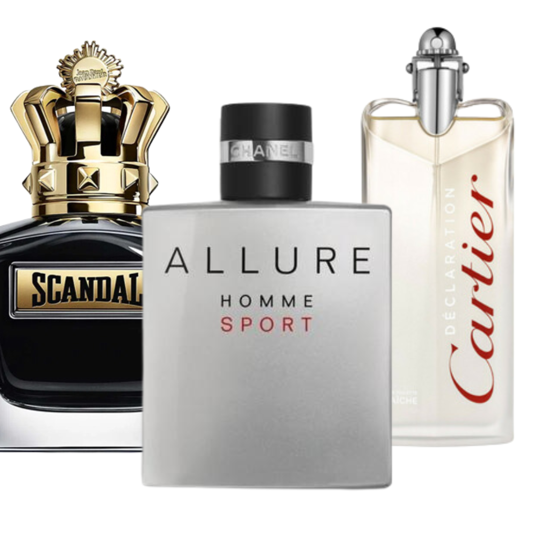Set mit 3 Parfums Allure Homme Sports, Jean Paul Gaultier Scandal, y Cartier Declaration 100ml
