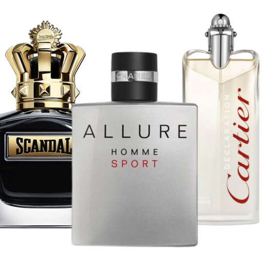 Set mit 3 Parfums Allure Homme Sports, Jean Paul Gaultier Scandal, y Cartier Declaration 100ml