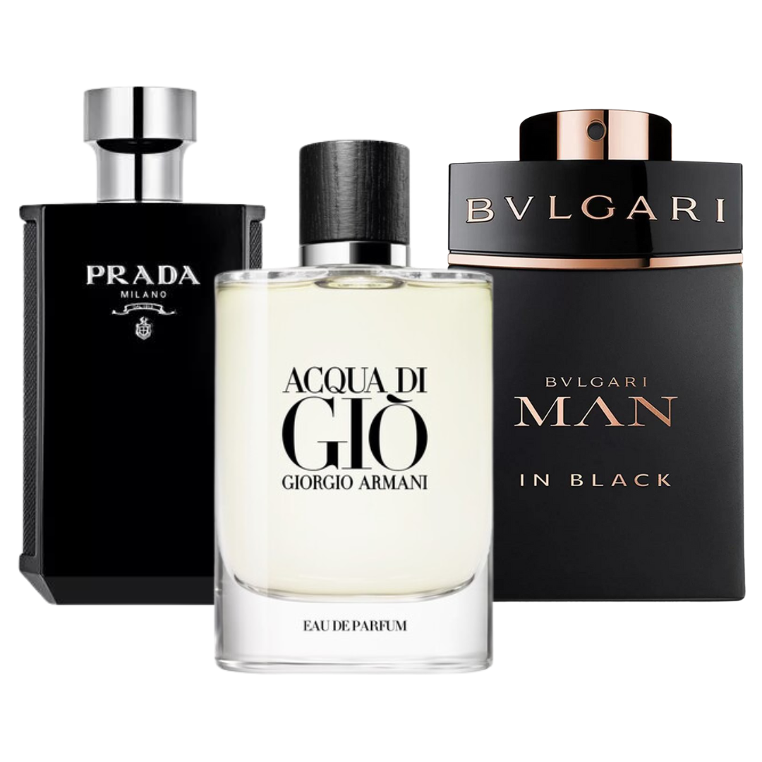 Set mit 3 Parfums Bvlgari In Black, Giorgio Armani Acqua Di Gio, y L'Homme Prada Intense 100ml