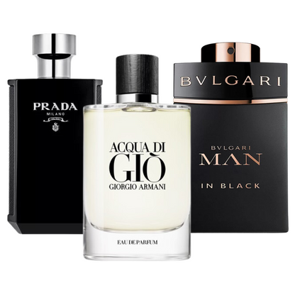Set mit 3 Parfums Bvlgari In Black, Giorgio Armani Acqua Di Gio, y L'Homme Prada Intense 100ml